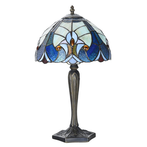 LumiLamp Tiffany Tafellamp Ø 25x40 cm Blauw Glas Tiffany Bureaulamp Blauw Tiffany Bureaulamp