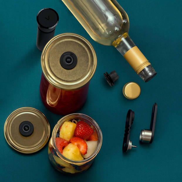 Airtender - Food & Wine Set Vacuümpomp met 3 Nanostoppers en Dekselperforator - Kunststof - Zwart