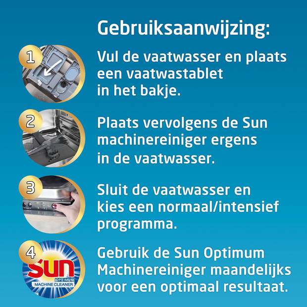 Sun - Optimum - Machinereiniger voor vaatwasser - Versterkte Ontvettingskracht - 16 Vaatwasbeurten - Voordeelverpakking