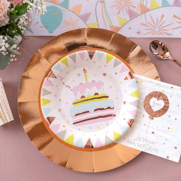 Santex feest wegwerpbordjes - verjaardagstaart - 20x stuks - 23 cm - rose goud - Feestbordjes