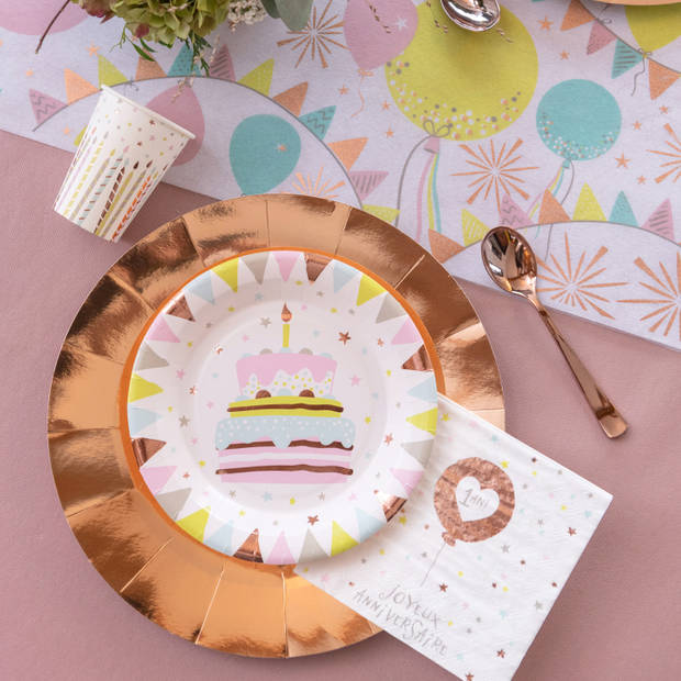 Santex feest wegwerpbordjes - verjaardagstaart - 20x stuks - 23 cm - rose goud - Feestbordjes
