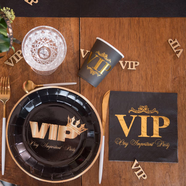 VIP feest wegwerp servies set - 10x bordjes / 10x bekers / 10x servetten - zwart/goud - Feestpakketten