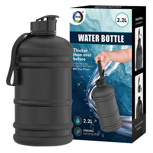 Waterfles/drinkfles - zwart - 2,2 liter - BPA vrij kunststof - pop up dop - Drinkflessen