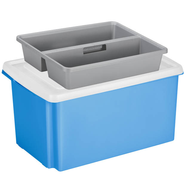 Sunware opslagbox kunststof 51 liter blauw 59 x 39 x 29 cm met deksel en organiser tray - Opbergbox