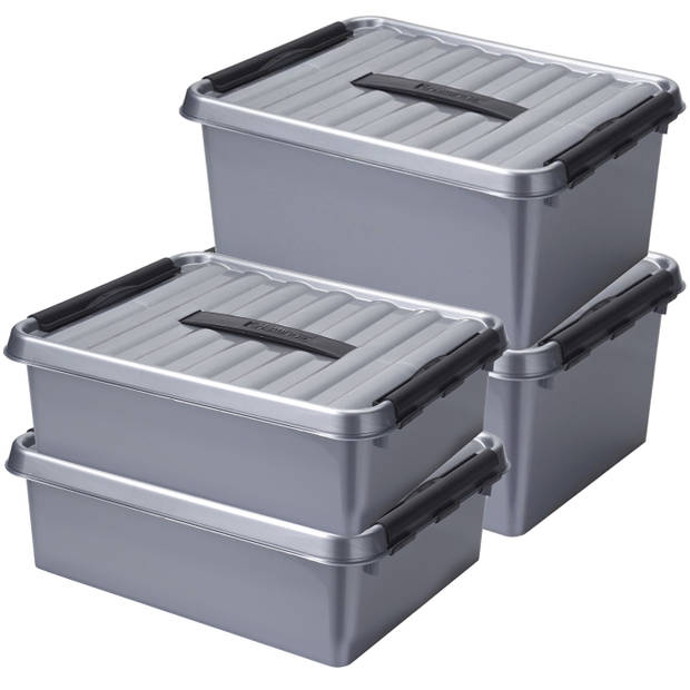 Opberg boxen set 6x stuks 10 en 15 liter kunststof grijs met deksel - Opbergbox