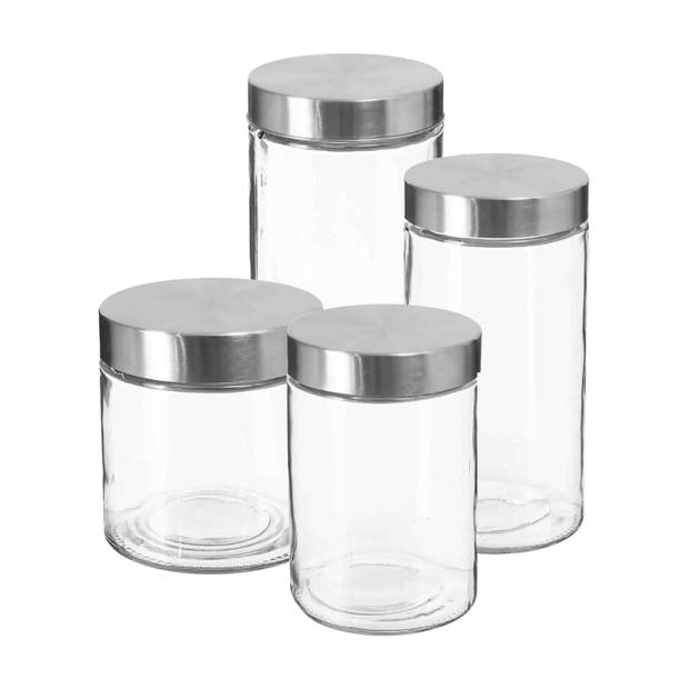 Set van 8x keuken voorraadbussen/potten glas RVS deksel - 4 formaten - Voorraadpot