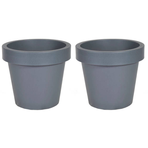 Mega Collections Plantenpot/bloempot - 2x - kunststof - grijs - buiten - D16 x H14 cm - Plantenpotten