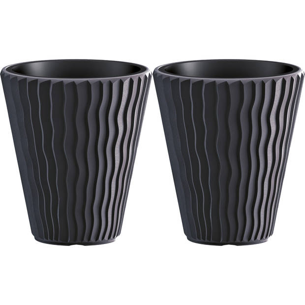 Prosperplast Plantenpot/bloempot Sand Waves - 2x - buiten/binnen - kunststof - antraciet - D39 x H43 cm - Plantenpotten