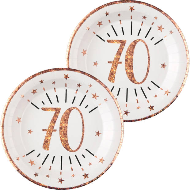 Verjaardag feest bordjes leeftijd - 20x - 70 jaar - rose goud - karton - 22 cm - Feestbordjes