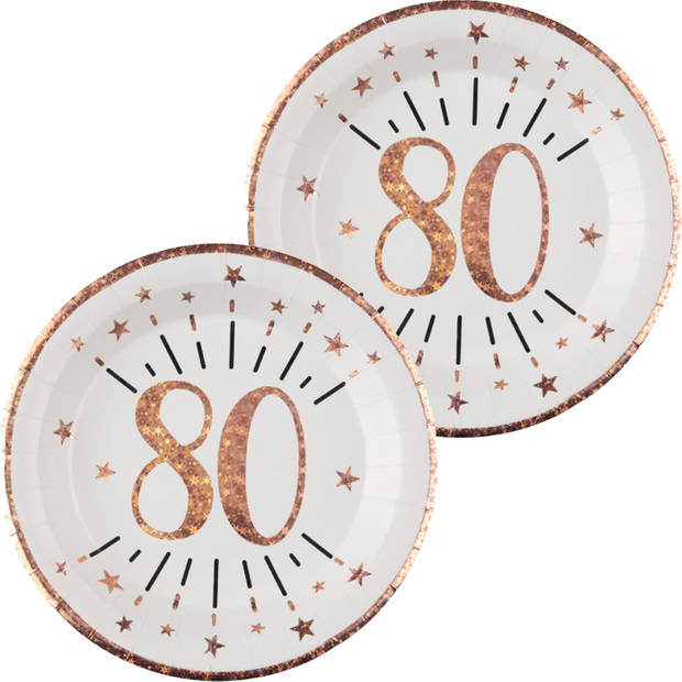 Verjaardag feest bordjes leeftijd - 20x - 80 jaar - rose goud - karton - 22 cm - Feestbordjes
