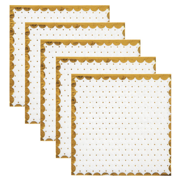 Santex feest servetten - stippen - 100x stuks - 25 x 25 cm - papier - wit/goud - Feestservetten