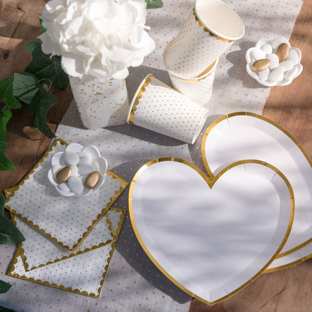 Santex papieren servetten - stippen - Bruiloft - 20x stuks - 25 x 25 cm - wit/goud - Feestservetten