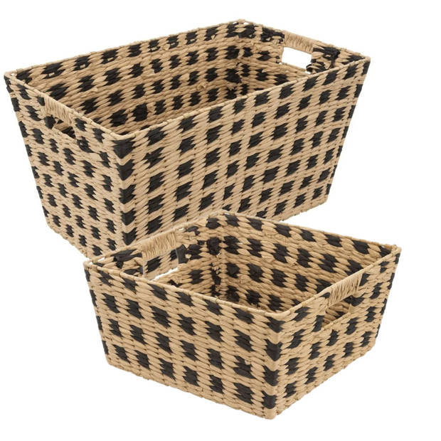 Set van 2x gevlochten rieten opbergmanden beige/zwart - Opbergmanden