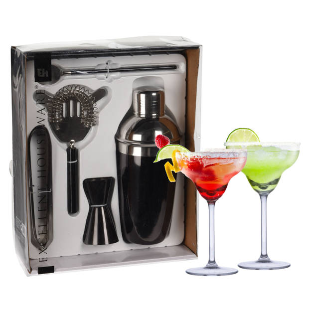 Excellent Houseware cocktails maken set 5-delig met 4x Margarita glazen - Cocktailshakers