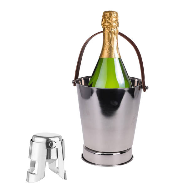 Champagne set - 1x koelemmer en 1x fles stopper/afsluiter - RVS - IJsemmers
