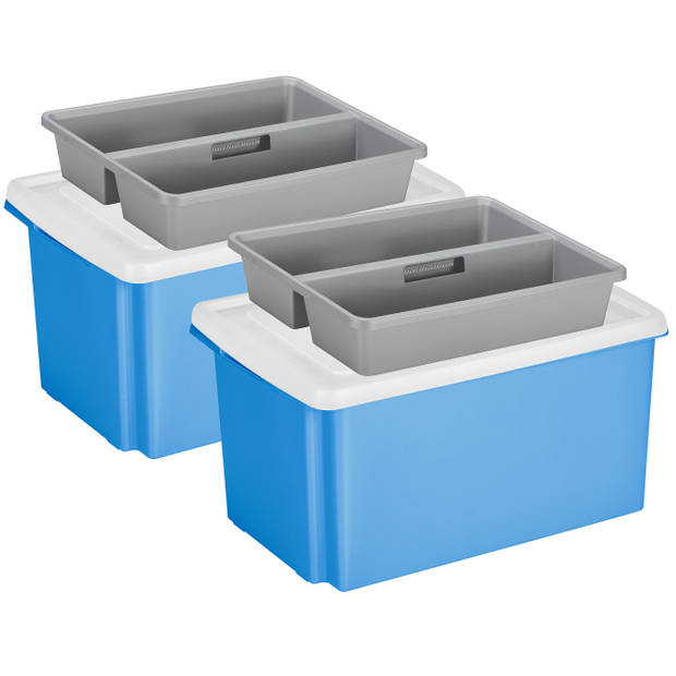 Sunware 2x opslagbox kunststof 51 liter blauw 59 x 39 x 29 cm met deksel en organiser tray - Opbergbox