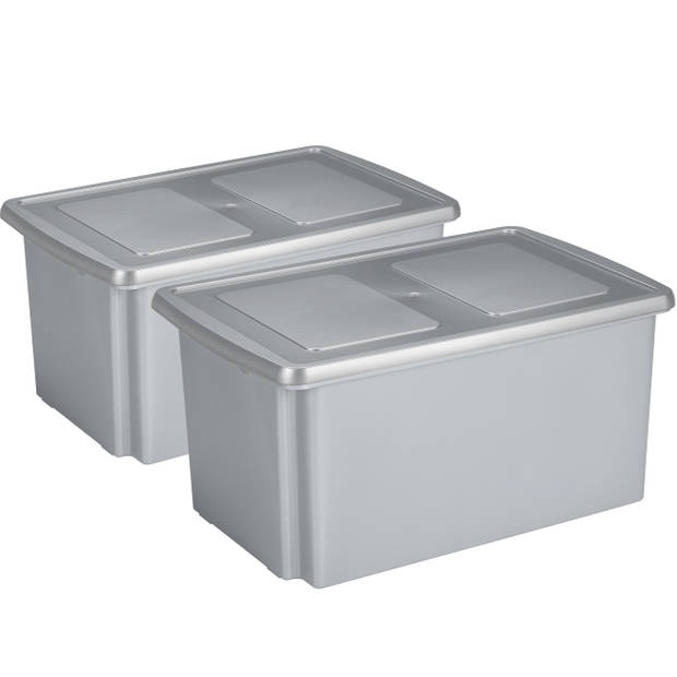 Sunware 2x opslagbox kunststof 51 liter grijs 59 x 39 x 29 cm met deksel - Opbergbox