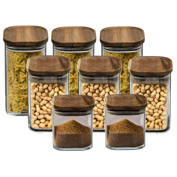 Set van 8x keuken voorraadbussen/potten glas 0.6-1.0-1.3 Liter inhoud - Voorraadpot