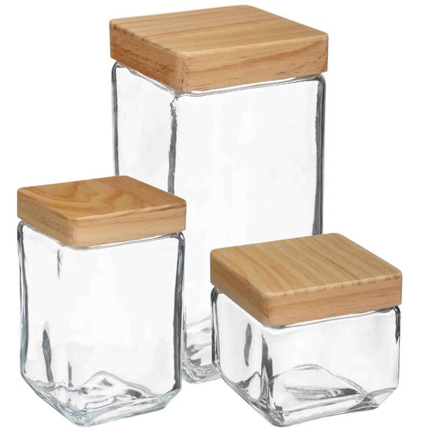 Keuken voorraadpotten glas met houten deksel - 3 formaten - 8x stuks - Voorraadpot