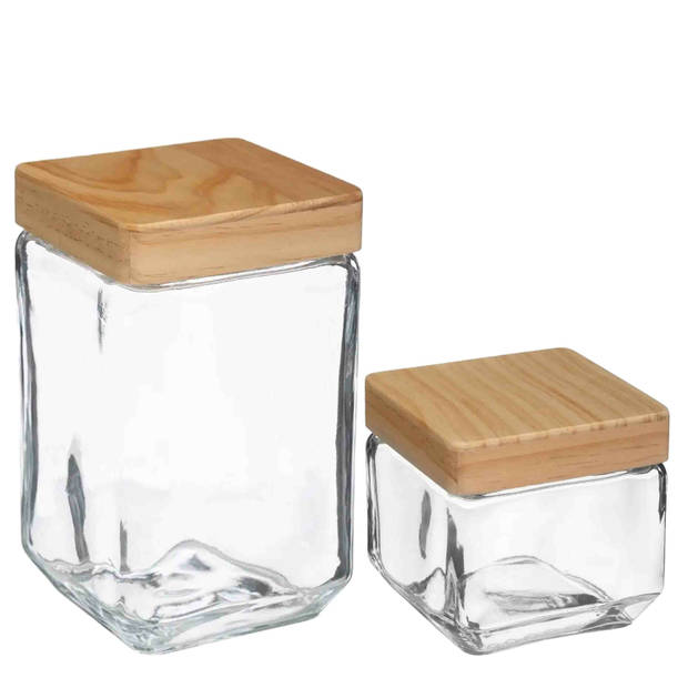 Keuken voorraadpotten glas met houten deksel - 2 formaten - 6x stuks - Voorraadpot