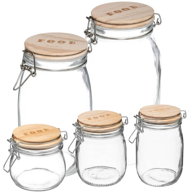 Set van 5x keuken voorraadbussen/potten glas 0.50/0.75/1.0/1.5/2.0 Liter inhoud - Voorraadpot