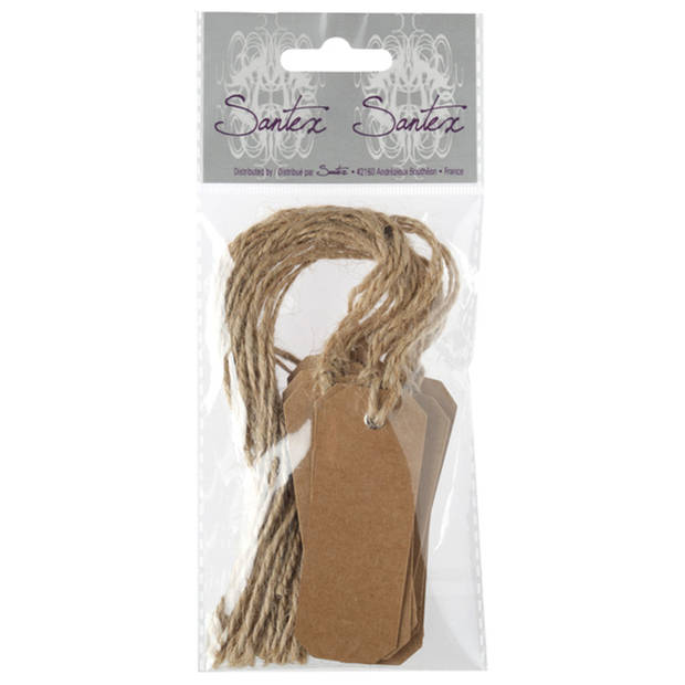 Santex cadeaulabels kraft met touw - set 48x stuks - bruin/naturel - 3 x 8 cm - naam tags - Cadeauversiering