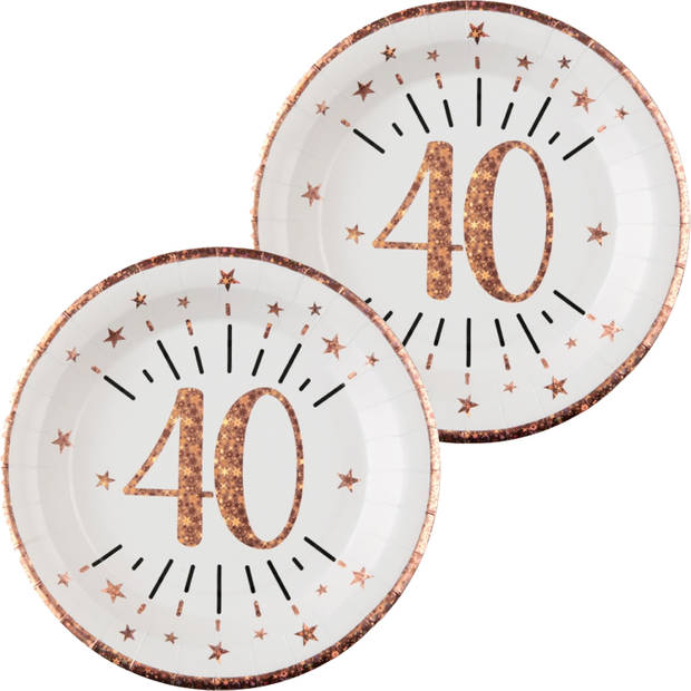 Verjaardag feest bordjes leeftijd - 20x - 40 jaar - rose goud - karton - 22 cm - Feestbordjes