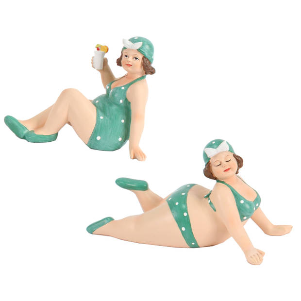 Woonkamer decoratie beeldjes set van 2 dikke dames - groen badpak - 17 cm - Beeldjes