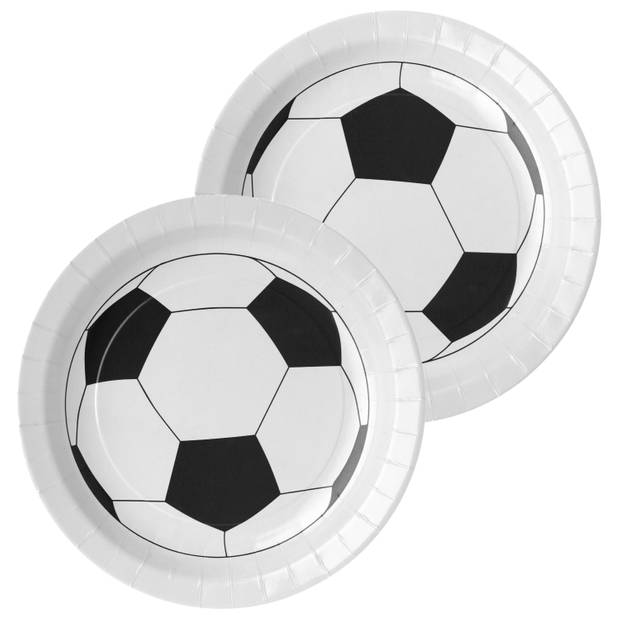 Santex feest wegwerpbordjes - voetbal - 20x stuks - 23 cm - wit/zwart - Feestbordjes