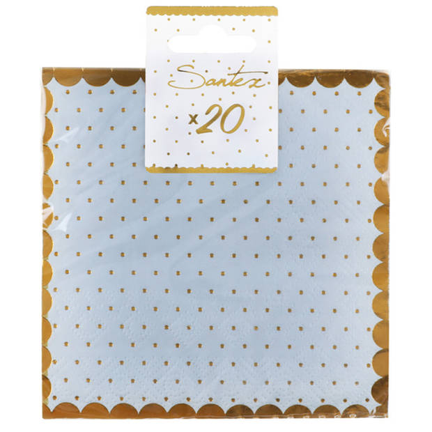 Santex papieren servetten - stippen - Babyshower jongen - 20x stuks - 25 x 25 cm - blauw/goud - Feestservetten
