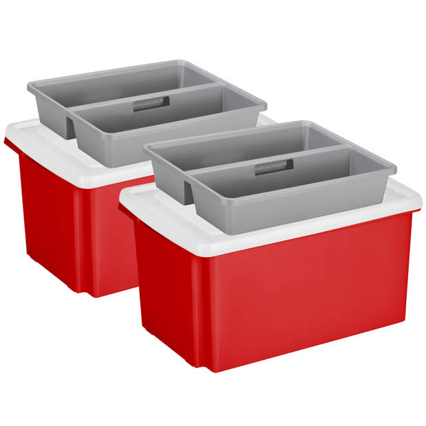 Sunware 2x opslagbox kunststof 51 liter rood 59 x 39 x 29 cm met deksel en organiser tray - Opbergbox
