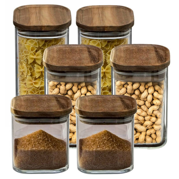 Set van 6x keuken voorraadbussen/potten glas 0.6-1.0-1.3 Liter inhoud - Voorraadpot