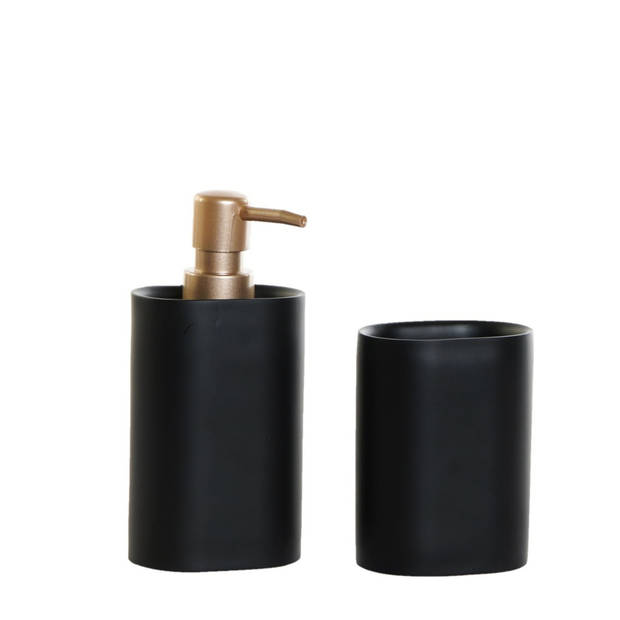 Toiletborstel met houder zwart/goud en zeeppompje/beker kunststof - Badkameraccessoireset