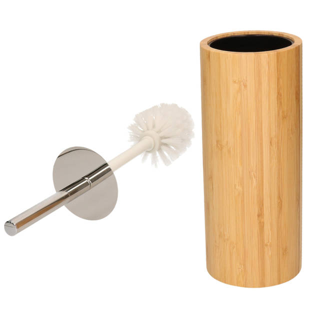 WC/Toiletborstel met houder 37 cm en zeeppompje/beker bamboe hout - Badkameraccessoireset