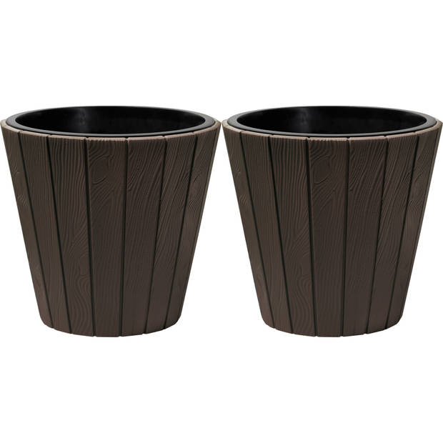 Prosperplast Plantenpot/bloempot Wood Style - 2x - buiten/binnen - kunststof - donkerbruin - D35 x H32 cm - Plantenpotte