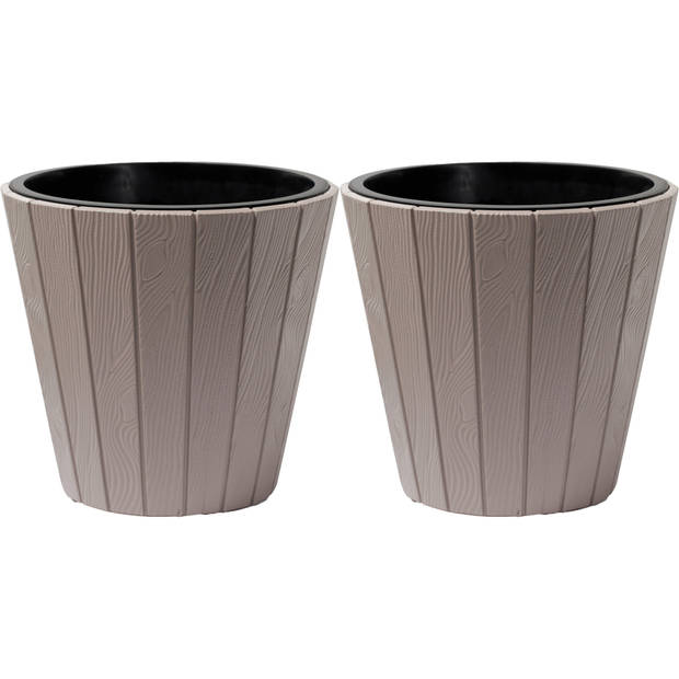 Prosperplast Plantenpot/bloempot Wood Style - 2x - buiten/binnen - kunststof - beige - D30 x H28 cm - Plantenpotten