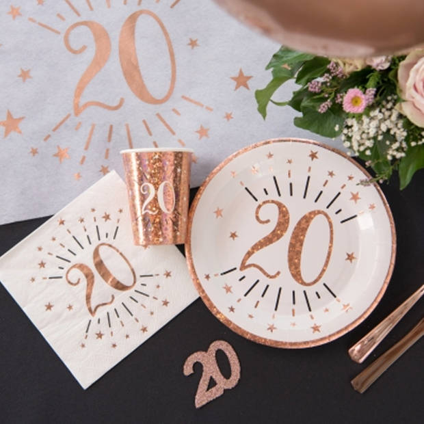 Santex Verjaardag feest bekertjes leeftijd - 10x - 20 jaar - rose goud - karton - 270 ml - Feestbekertjes
