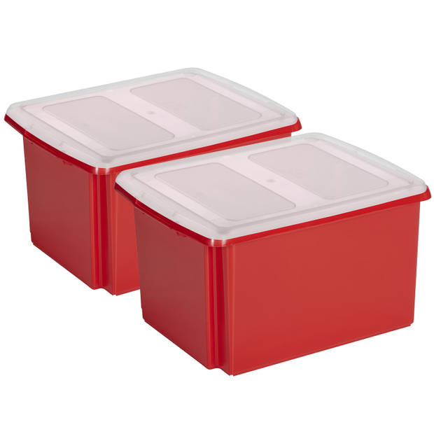Sunware set van 2x opslagboxen kunststof 32 liter rood 45 x 36 x 24 cm met deksel - Opbergbox