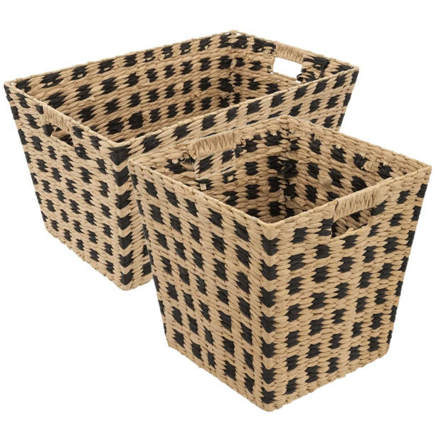 Set van 2x gevlochten rieten opbergmanden beige/zwart - Opbergmanden