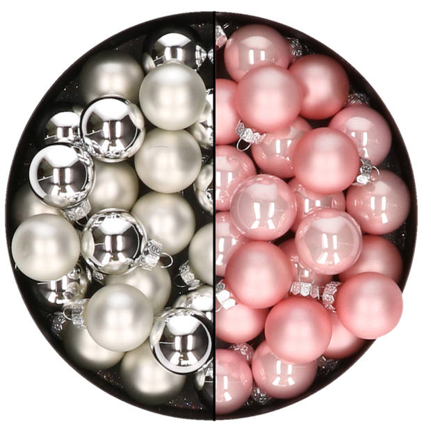 Mini kerstballen - 48x st - zilver en lichtroze - 2,5 cm - glas - Kerstbal