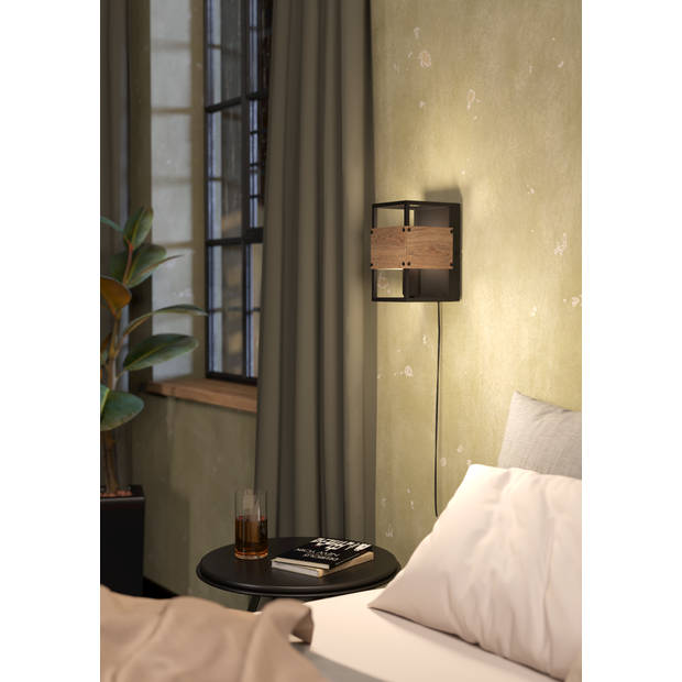 EGLO Evesham Wandlamp - E27 - 24 cm - Zwart/Bruin - Staal/Hout