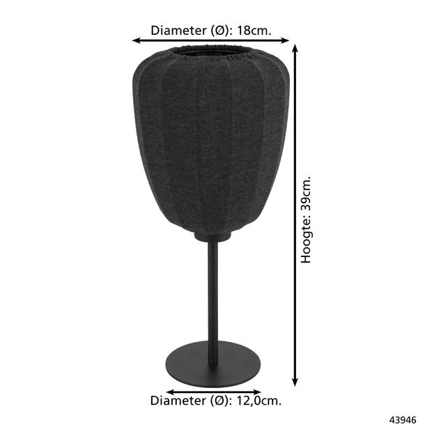 EGLO Barlaston Tafellamp - E27 - 39 cm - Zwart/Grijs - uitwasbaar Textiel