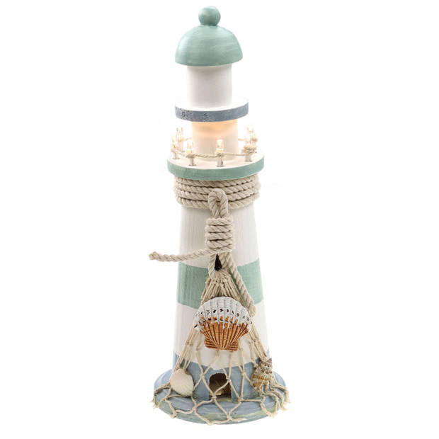 Vuurtoren beeldje met LED licht - Hout - 10 x 30 cm - wit/mintgroen - Maritieme woon decoraties - Beeldjes