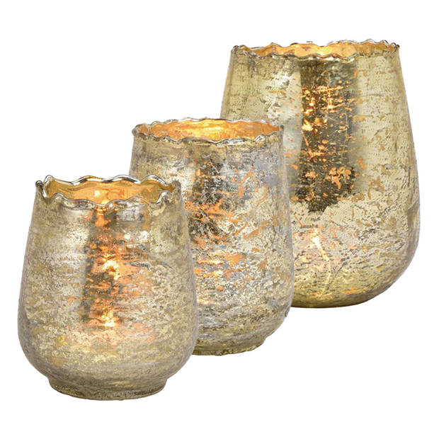 Set van 3x windlicht/kaarsenhouder - glas - champagne goud - 3 formaten - Waxinelichtjeshouders