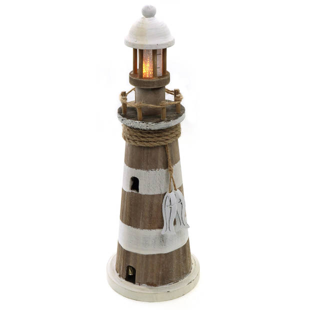 Vuurtoren beeldje met LED licht - Hout - 12 x 35 cm - wit/bruin - Maritieme decoraties binnen - Beeldjes