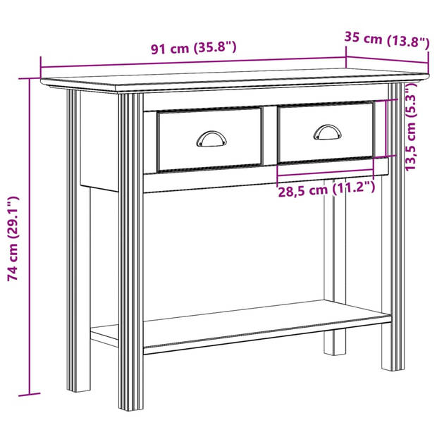 vidaXL Wandtafel BODO 91x35x74 cm massief grenenhout bruin