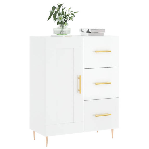 The Living Store Dressoir Retro - Hoogglans wit - 69.5 x 34 x 90 cm - Bewerkt hout en metaal