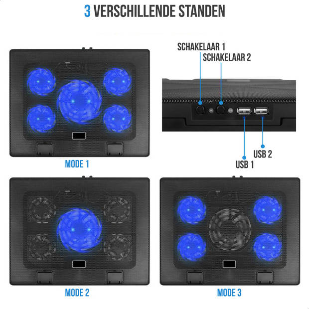Strex Laptop Cooler - 12" - 17 Inch - Verstelbaar - 5 Ventilators - Laptop Koeler - Cooling Pad