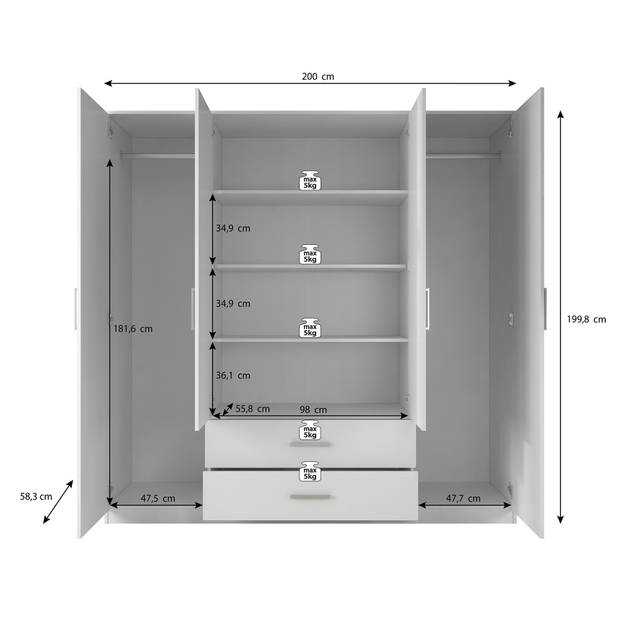 Meubella Kledingkast Savona - Wit - 200 cm - Met spiegel