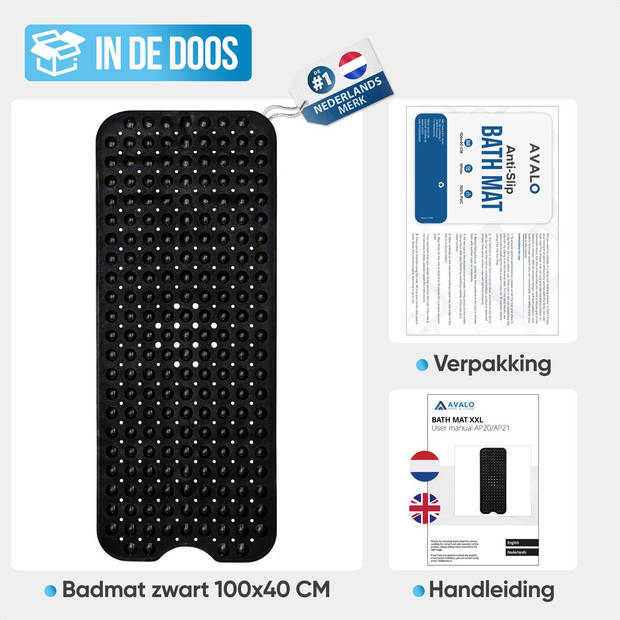 Avalo Badmat / Antislipmat Douche - 100x40CM - Zwart - Met Zuignappen - Douchemat Antislip voor Douche - Badkamermat